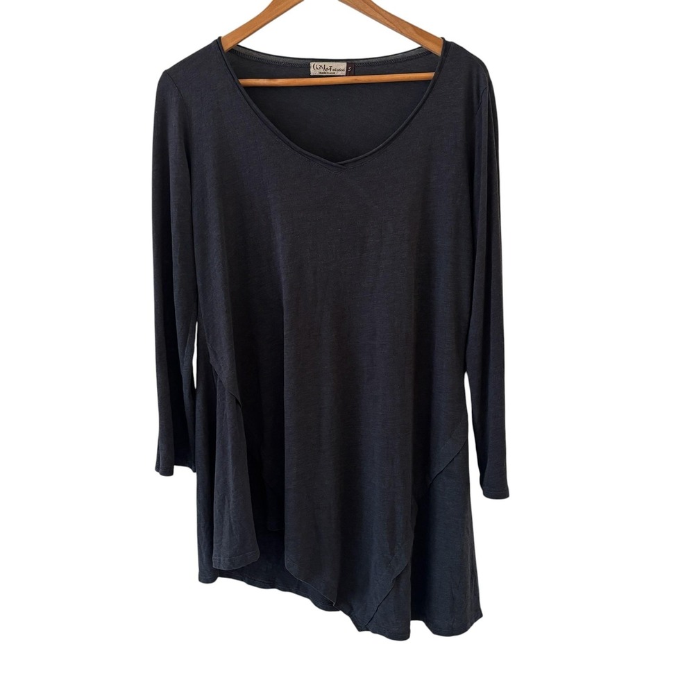 Chalet Et Ceci Asymmetrical Tunic Top Womens S Gray Black Jersey Knit Lagenlook